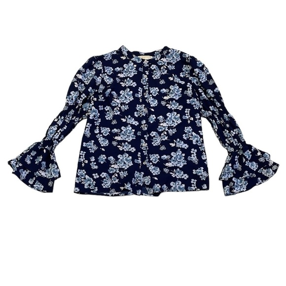 Michael Kors Blouse Top Shirt Womens XL Extra Large Blue Floral Button Peasant - Picture 4 of 14